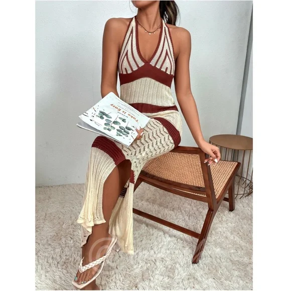 Long Beach Coverup Dress Beige and Brown Stripes Backless V-Neck Halter - Picture 3 of 7